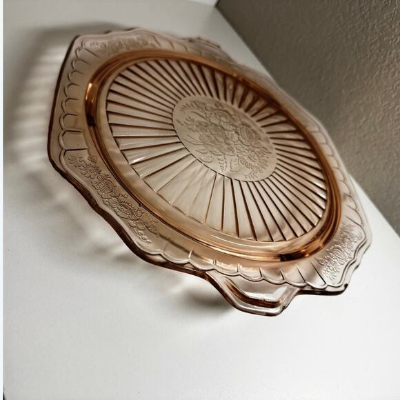 Vintage Pink Depression Glass Poinsettia Pattern Platter – 11” Oval Tray - Picture 3 of 7